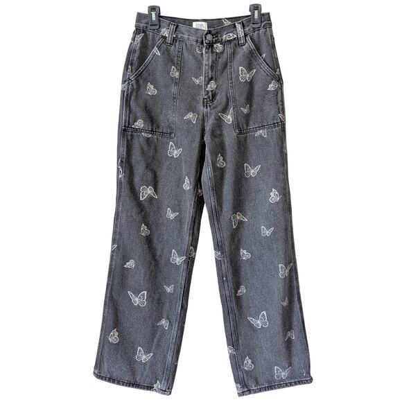 Simple Society Black Denim Jeans Size 9/29 High Waist Gray Butterfly Print - Picture 1 of 9